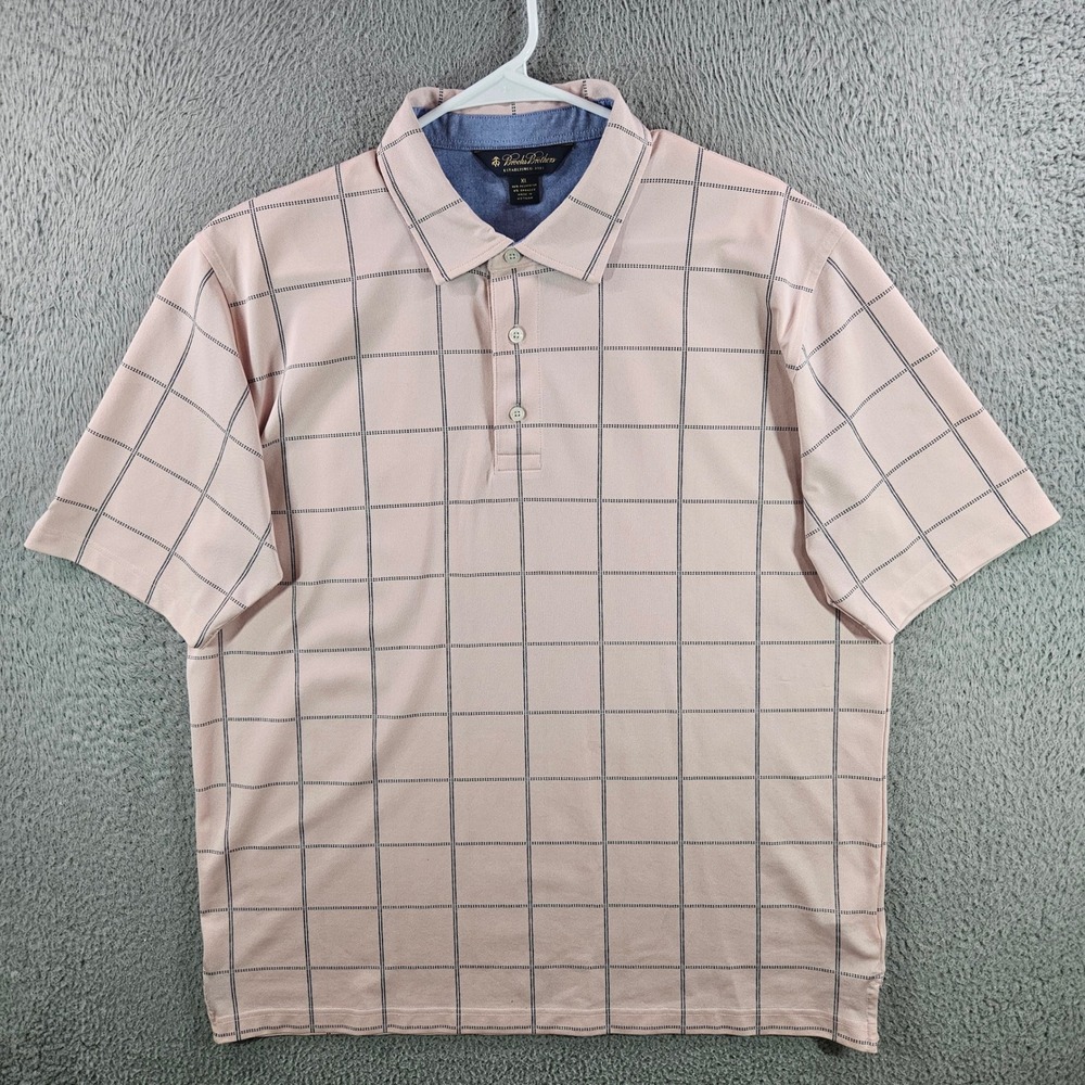 Brooks Brothers Mens XL Pink Windowpane Check Short Sleeve Polo Shirt Stretch